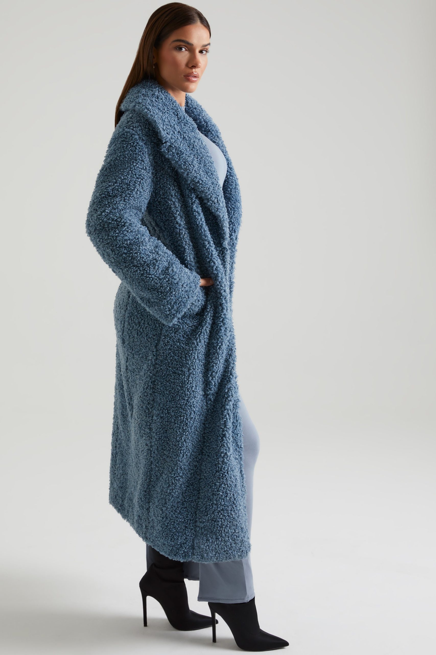 Long Shearling Coat in Blue - Image 3