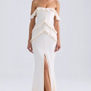 Off-Shoulder Ruffle-Trim Gown in Ivory