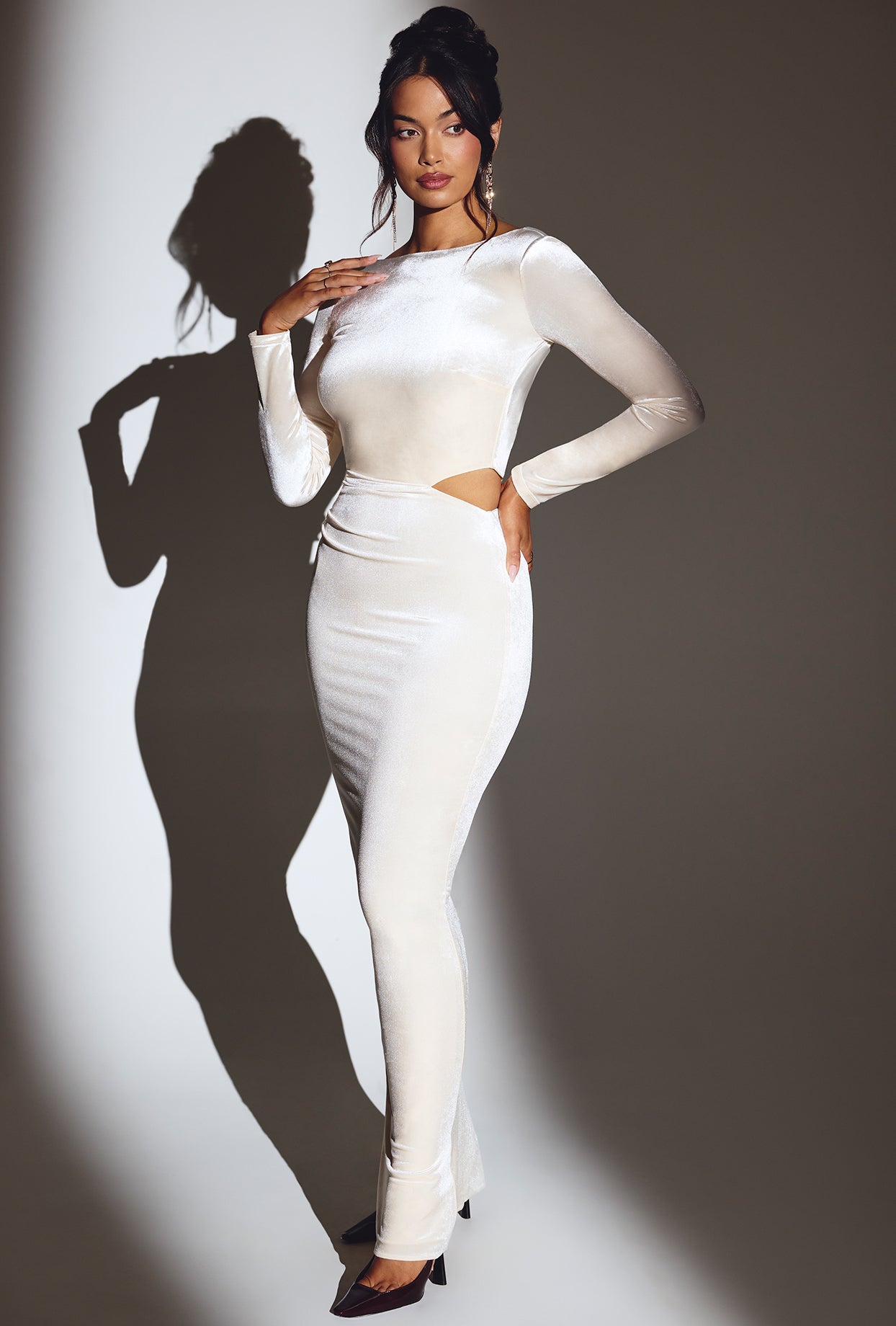Velvet Long Sleeve Maxi Dress in Ivory - Image 8