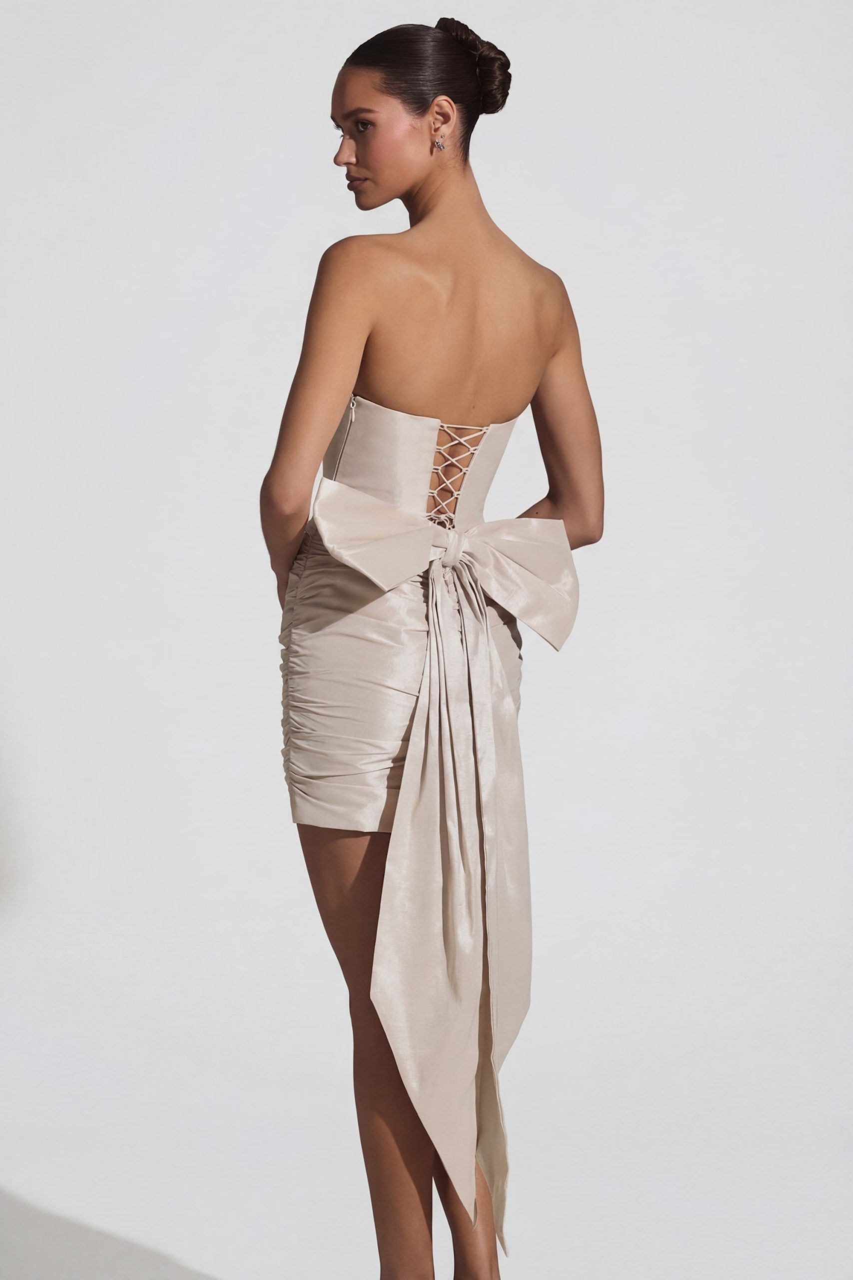 Satin Bow-Detail Strapless Mini Dress in Ivory - Image 2
