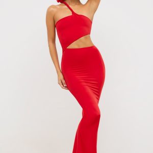 Jersey Asymmetric Cut Out Maxi Dress  in Scarlet Red