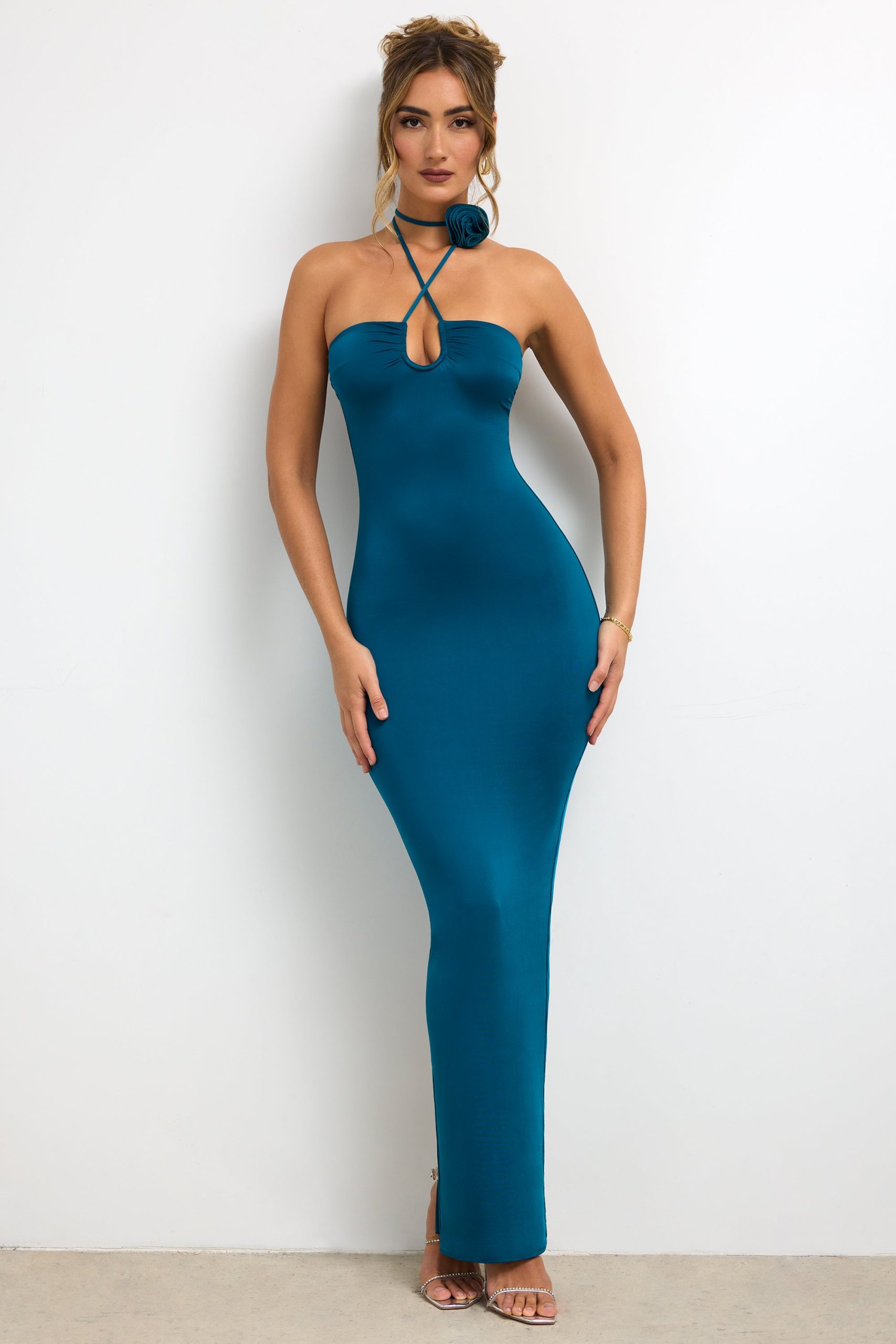 Slinky Jersey Rose Detail Halter Neck Maxi Dress in Dark Teal - Image 8