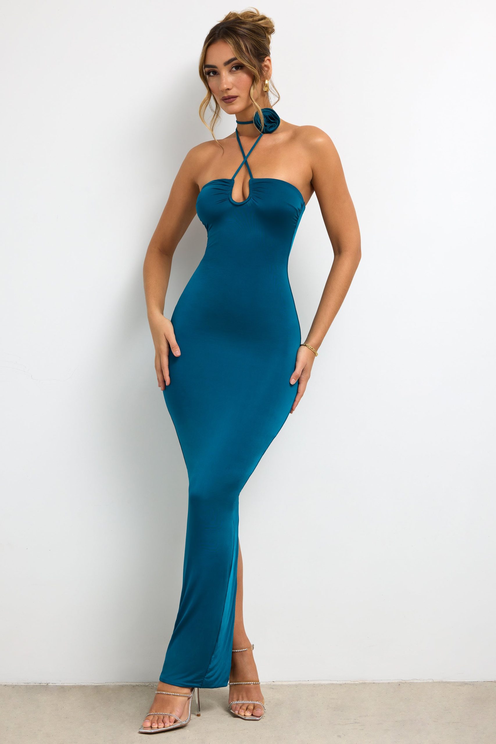 Slinky Jersey Rose Detail Halter Neck Maxi Dress in Dark Teal - Image 5