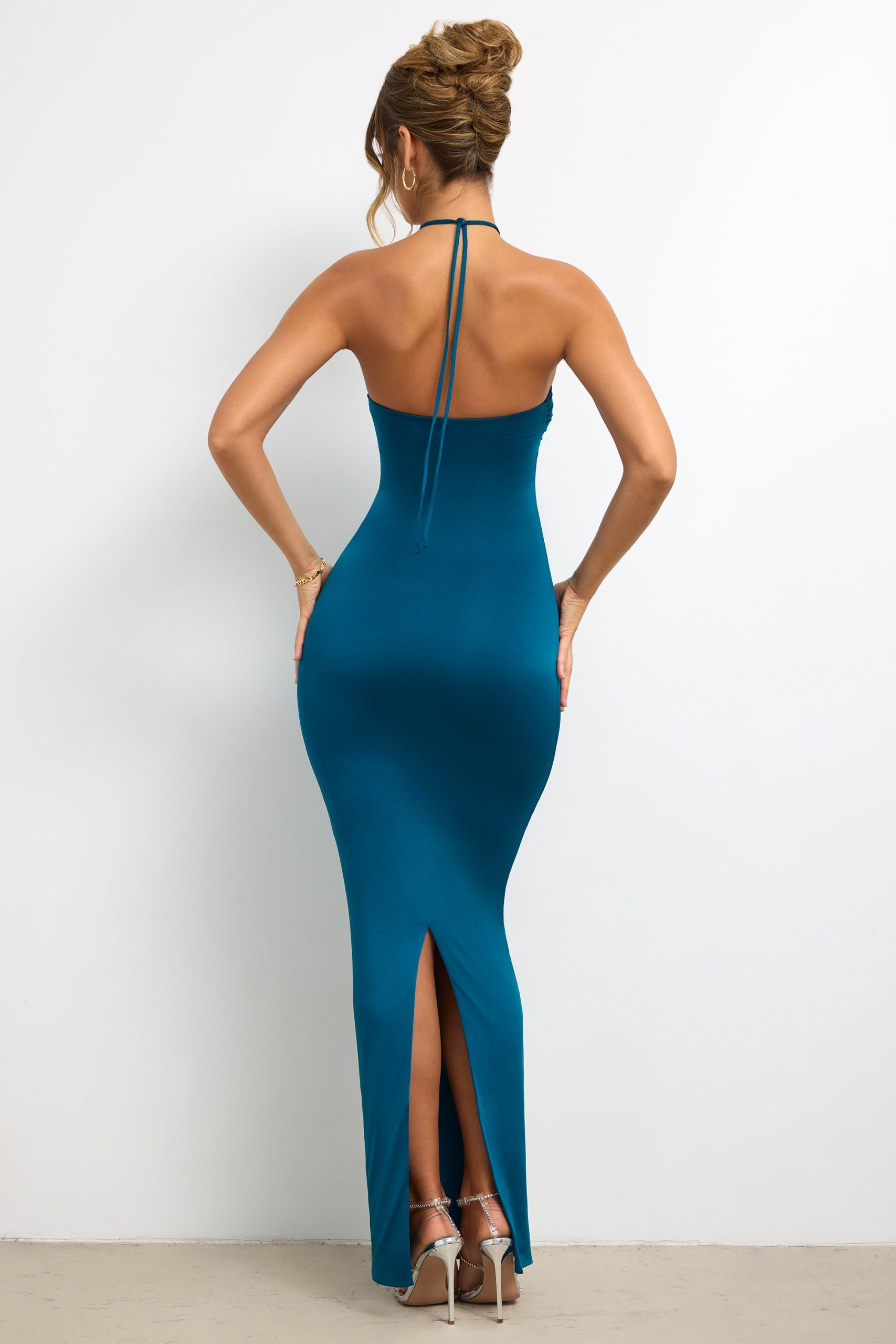 Slinky Jersey Rose Detail Halter Neck Maxi Dress in Dark Teal - Image 2