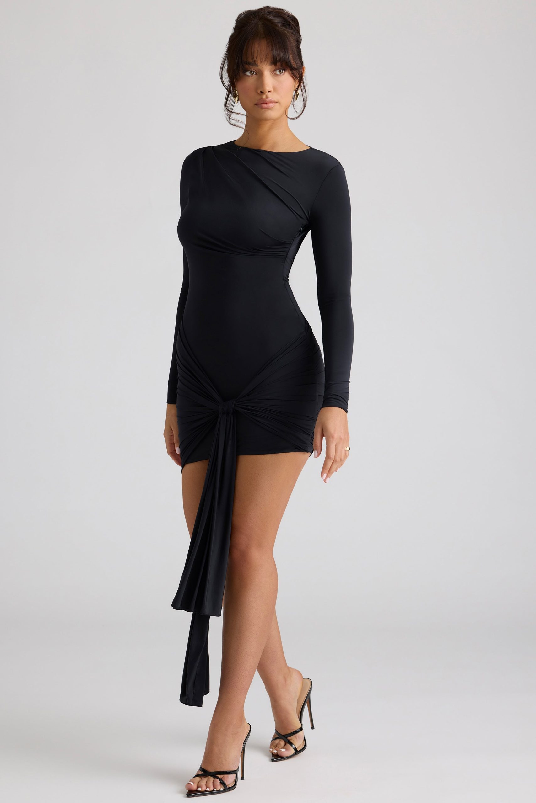 Long Sleeve Draped Mini Dress in Black - Image 8