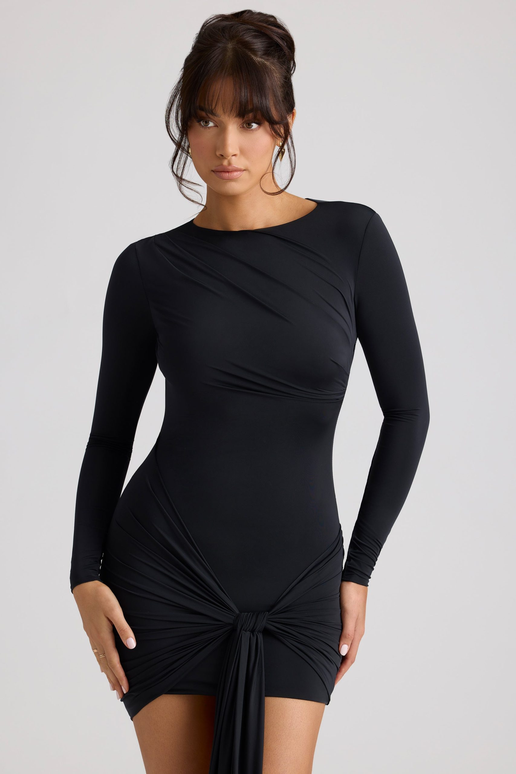 Long Sleeve Draped Mini Dress in Black - Image 7