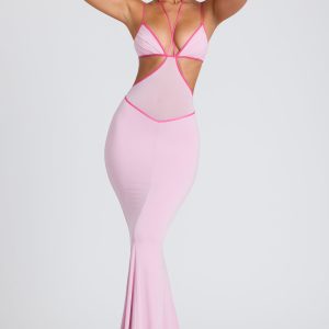 Contrast Binding Cut Out Evening Gown in Soft Pink