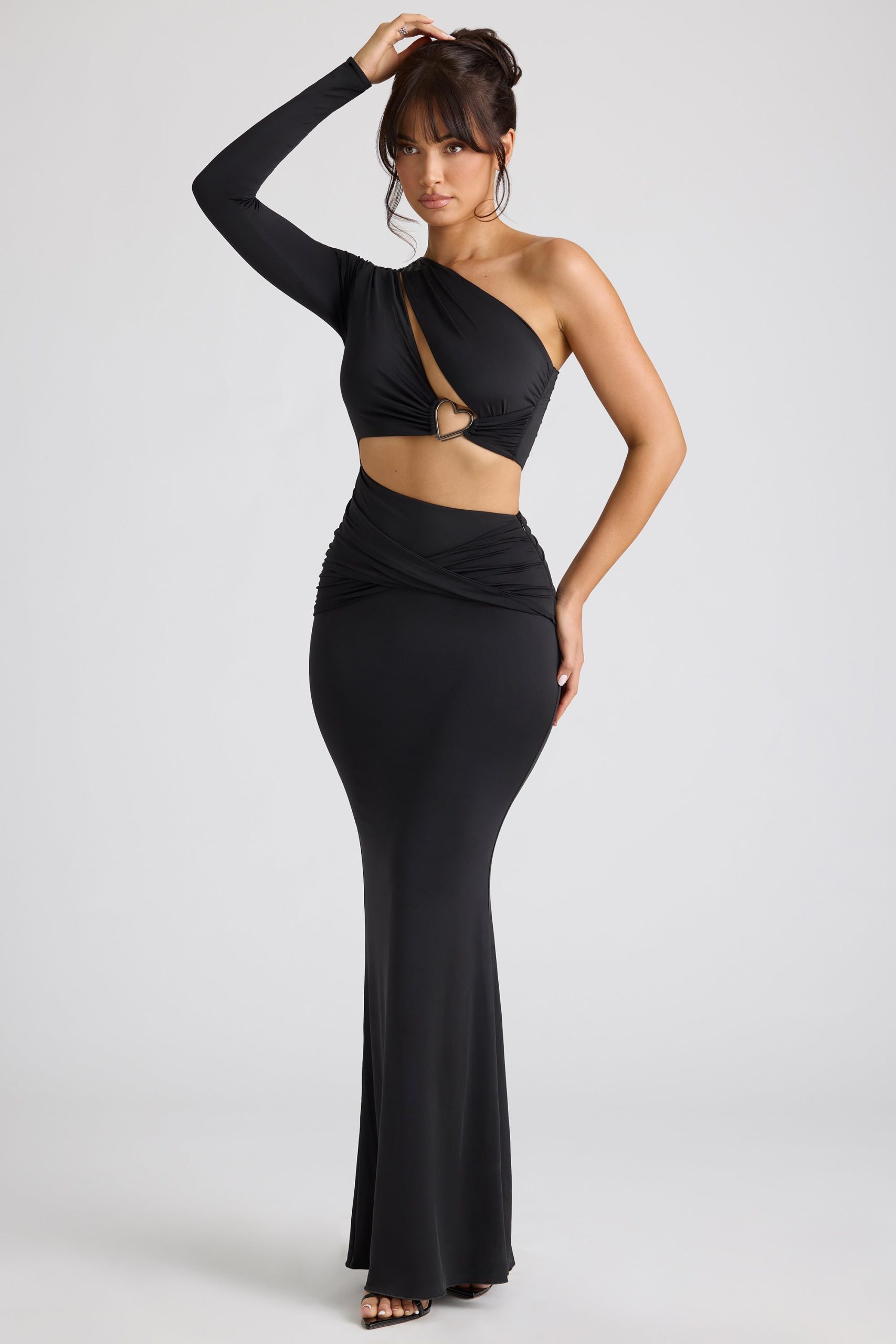 Single Sleeve Cut Out Evening Gown in Black - Image 6
