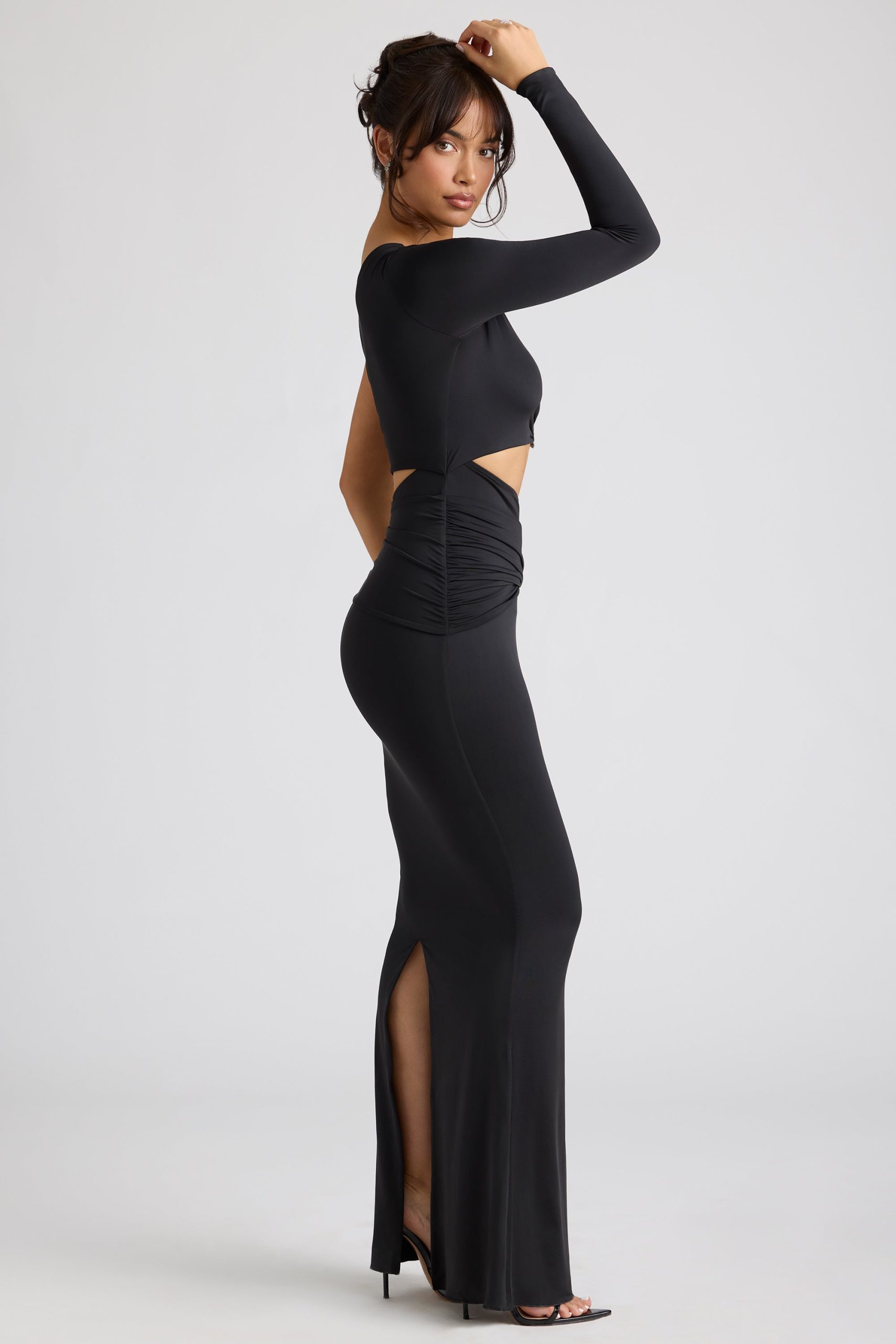 Single Sleeve Cut Out Evening Gown in Black - Image 5