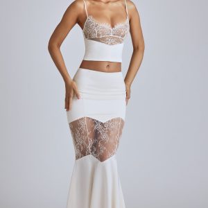 Lace Panel Fishtail Maxi Skirt in Ivory