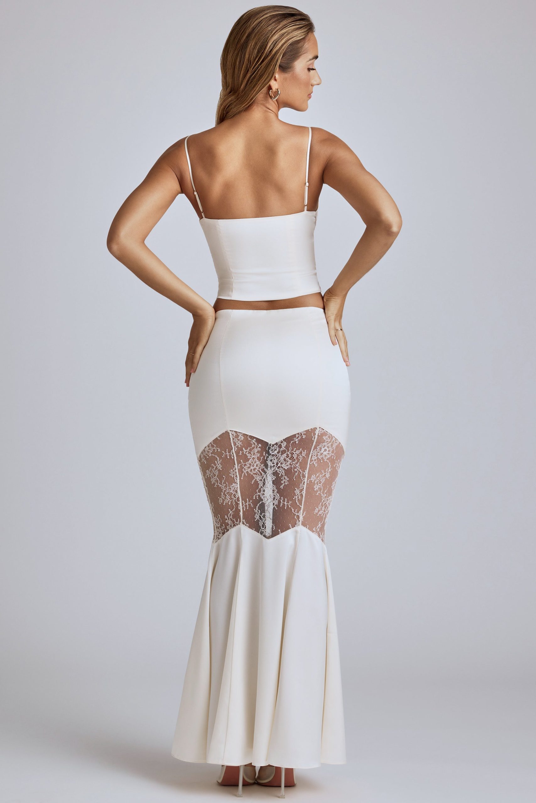 Lace Panel Fishtail Maxi Skirt in Ivory - Image 2