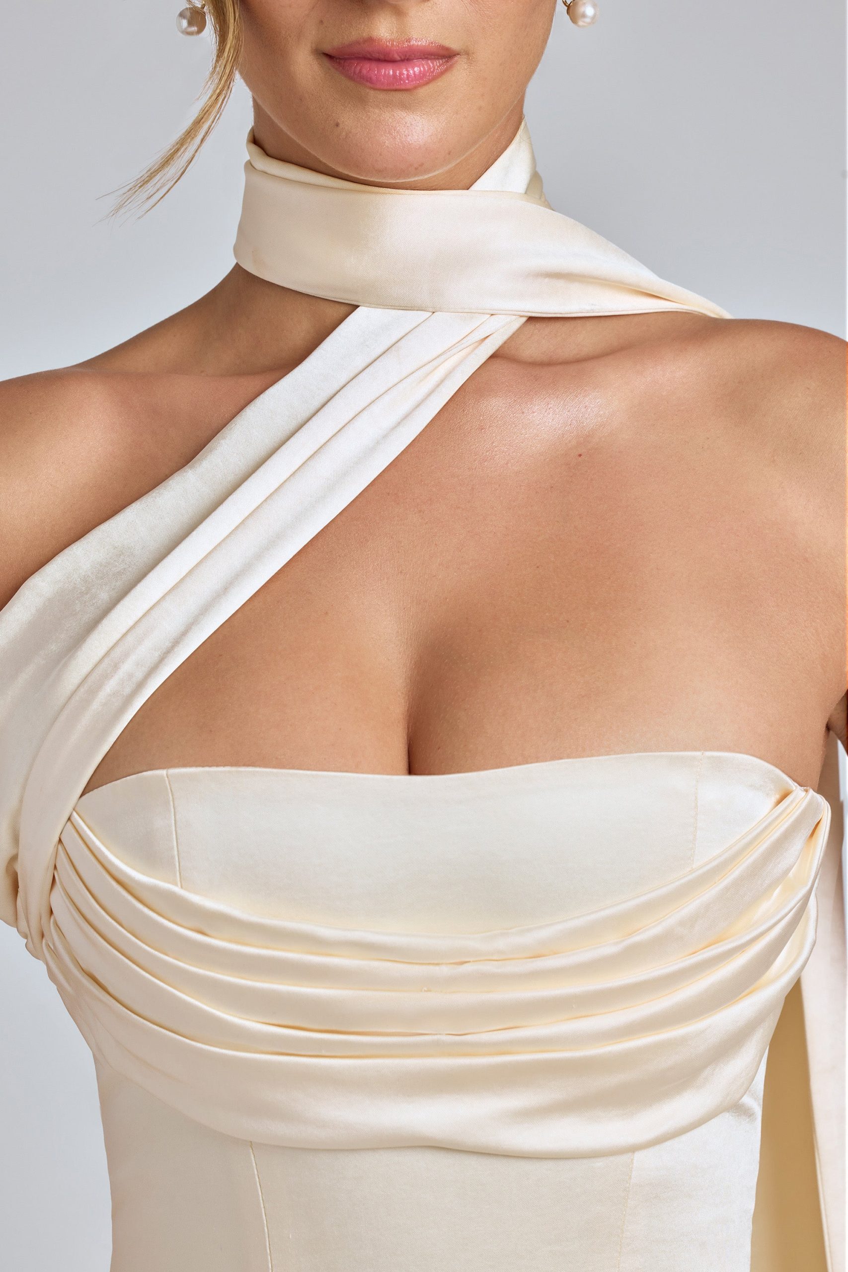 Draped Halterneck Satin Mini Dress in Ivory - Image 5