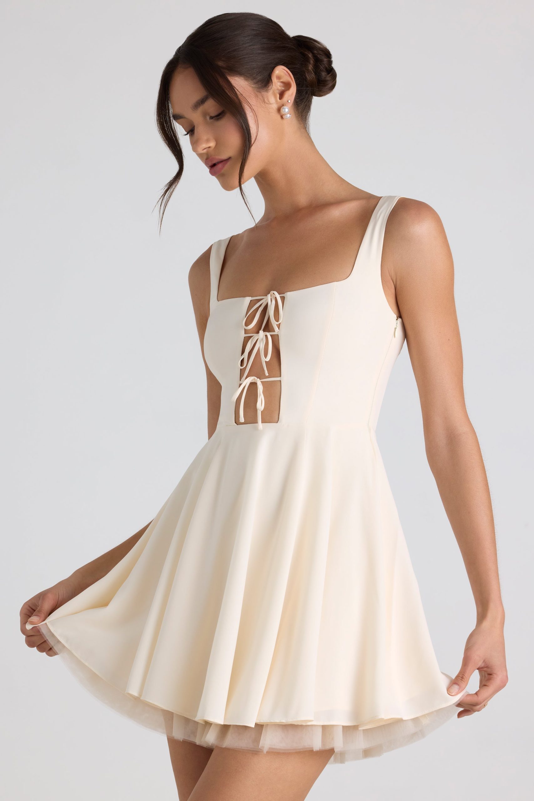Tie-Detail A-Line Micro Mini Dress in Ivory - Image 6