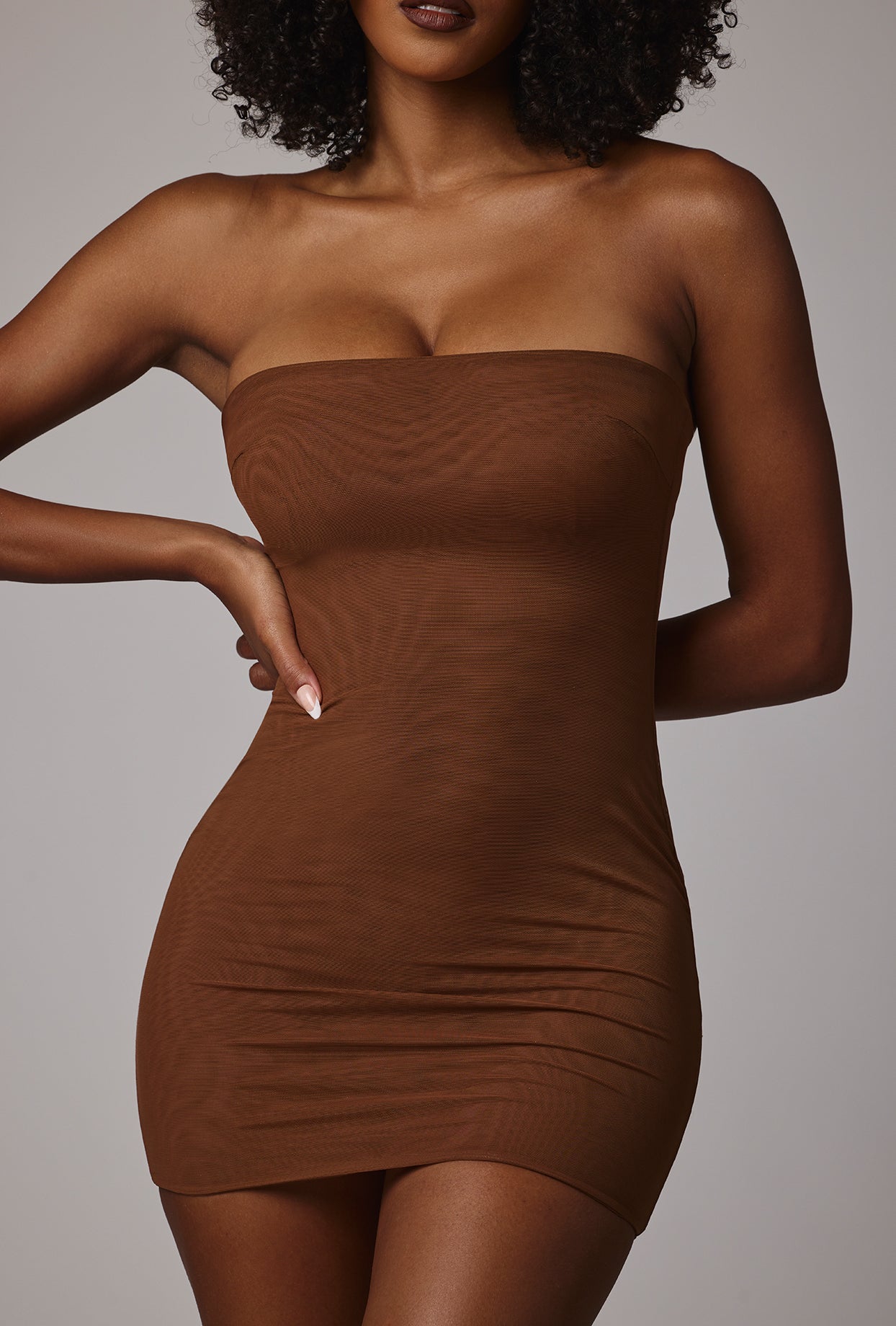 Soft Sheer-Mesh Bandeau Mini Slip Dress in Mocha - Image 5