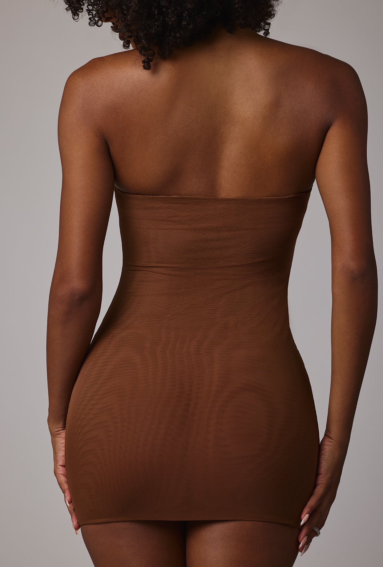 Soft Sheer-Mesh Bandeau Mini Slip Dress in Mocha - Image 2