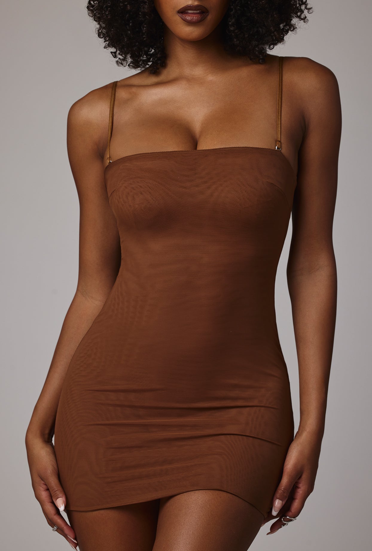 Soft Sheer-Mesh Bandeau Mini Slip Dress in Mocha - Image 4