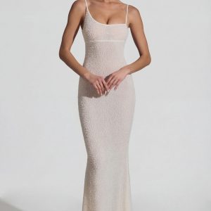 Embellished Backless Maxi Dress in White