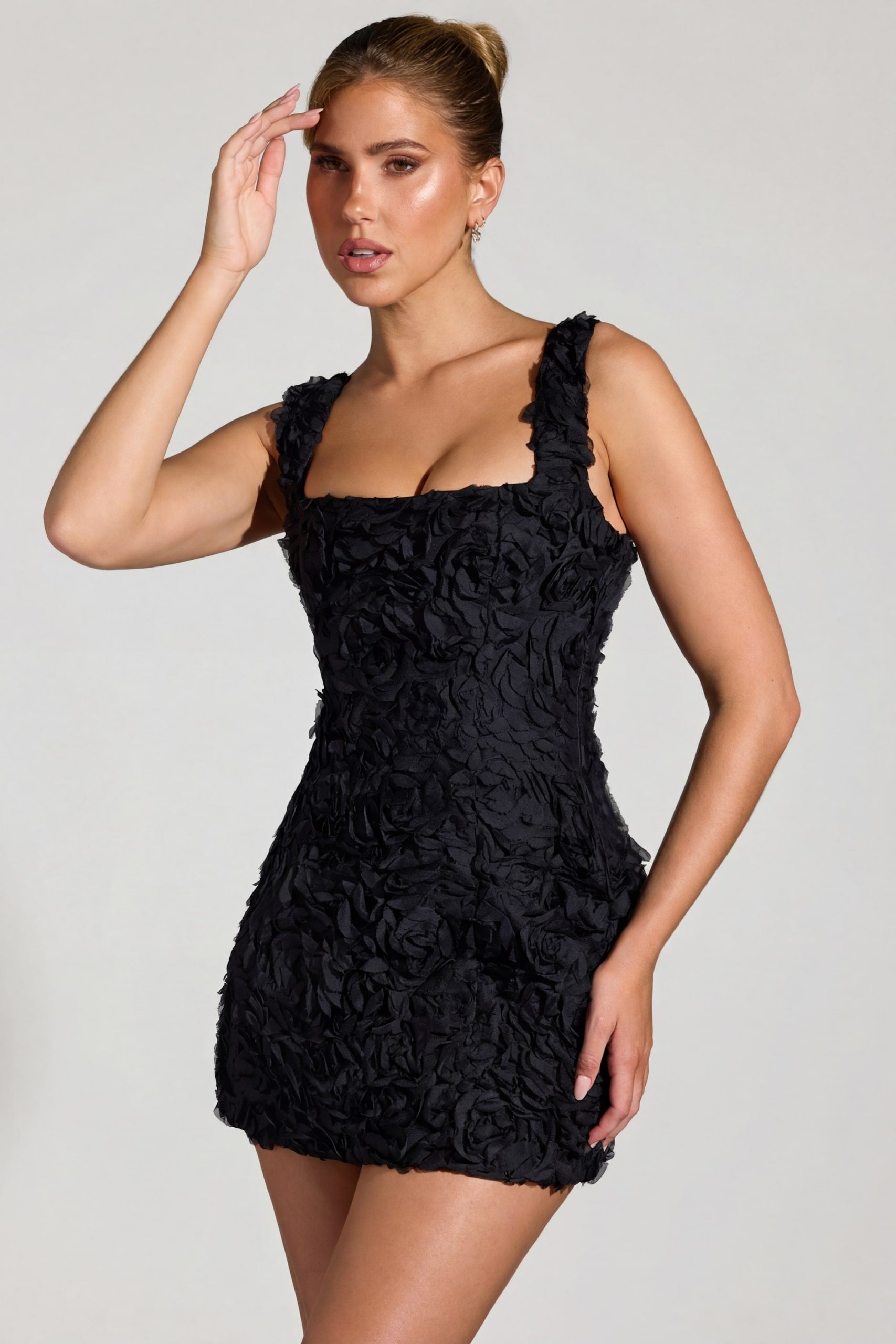 Floral-Appliqu?? Square-Neck Corset Mini Dress in Black - Image 3