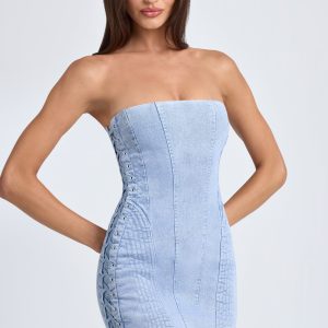 Bandeau Lace-Up Mini Dress in Light Blue Stonewash