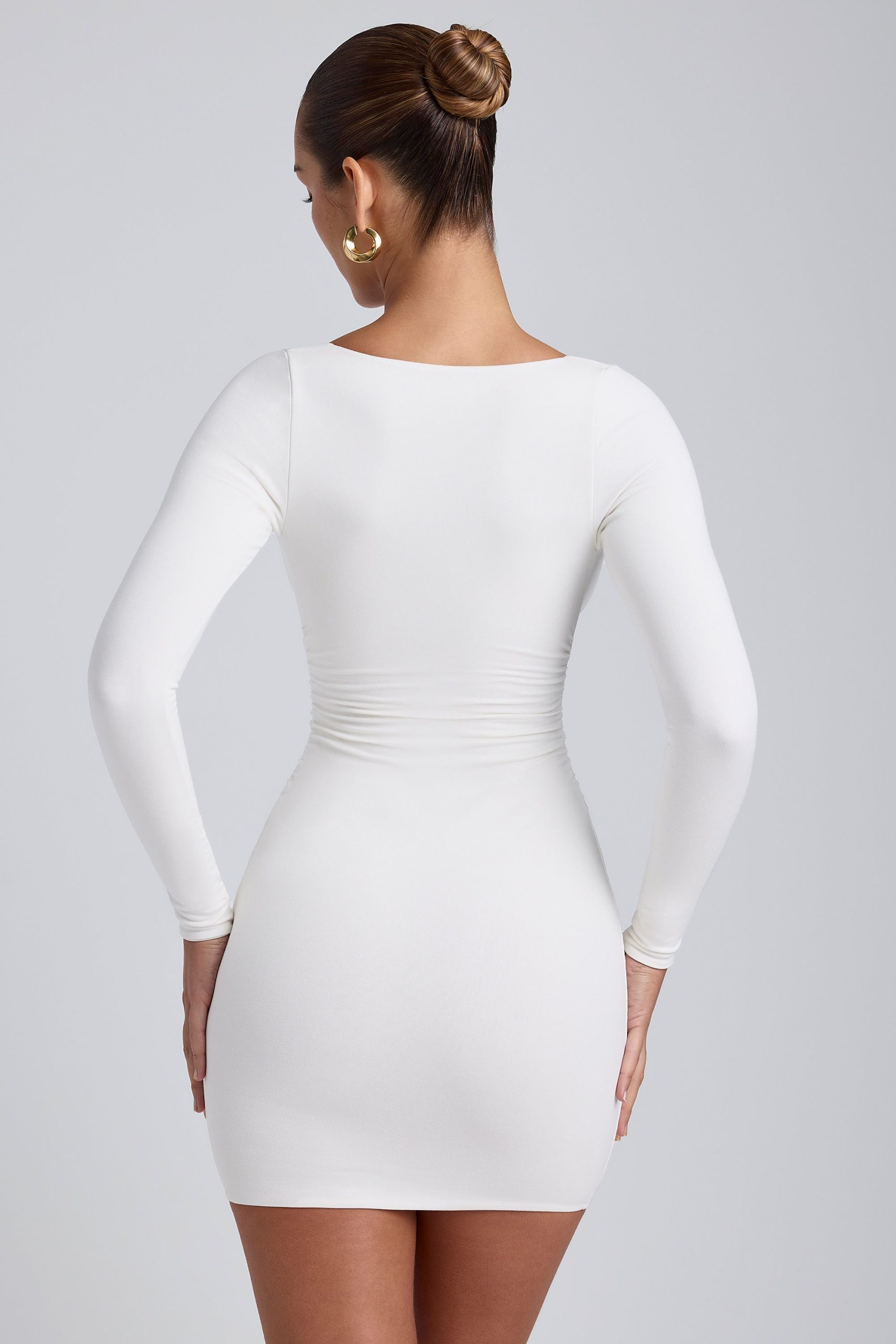Modal Ruched Long-Sleeve Mini Dress in White - Image 2