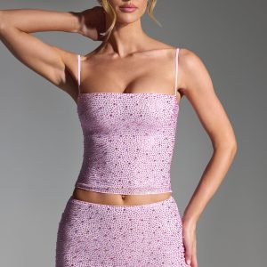 Embellished Mid-Rise Micro Mini Skirt in Peony Pink