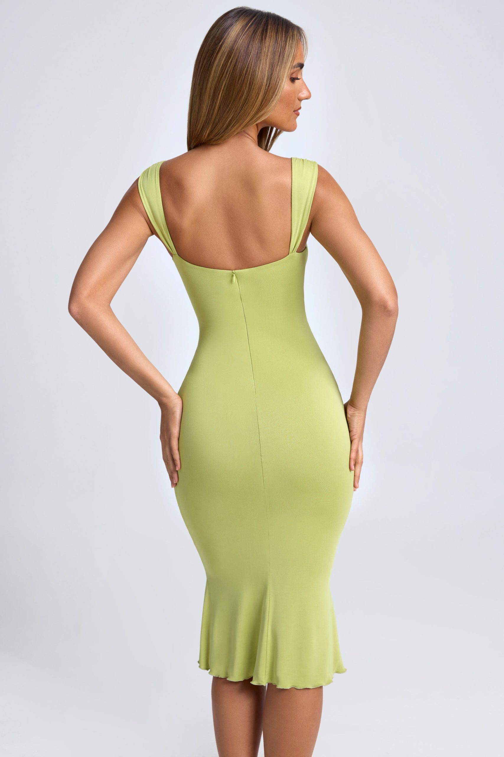 Modal Ruched Hardware Detail Cut-Out Midaxi Dress in Olive Green - Image 2