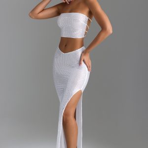 Embellished V-Waist Thigh-Split Maxi Skirt in White