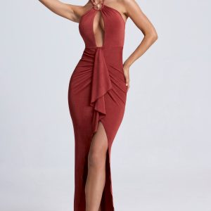 Hardware Detail Cut-Out Halterneck Maxi Dress in Auburn Brown