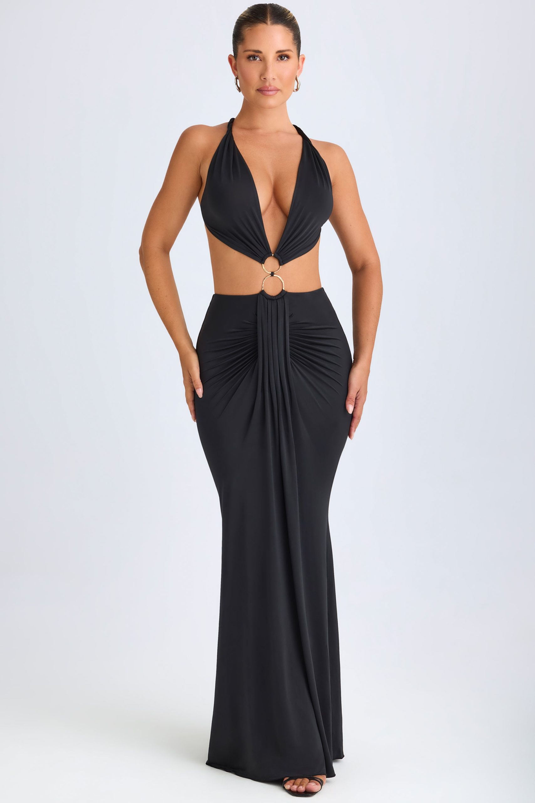 Hardware Detail Cut-Out Halterneck Maxi Dress in Black - Image 8