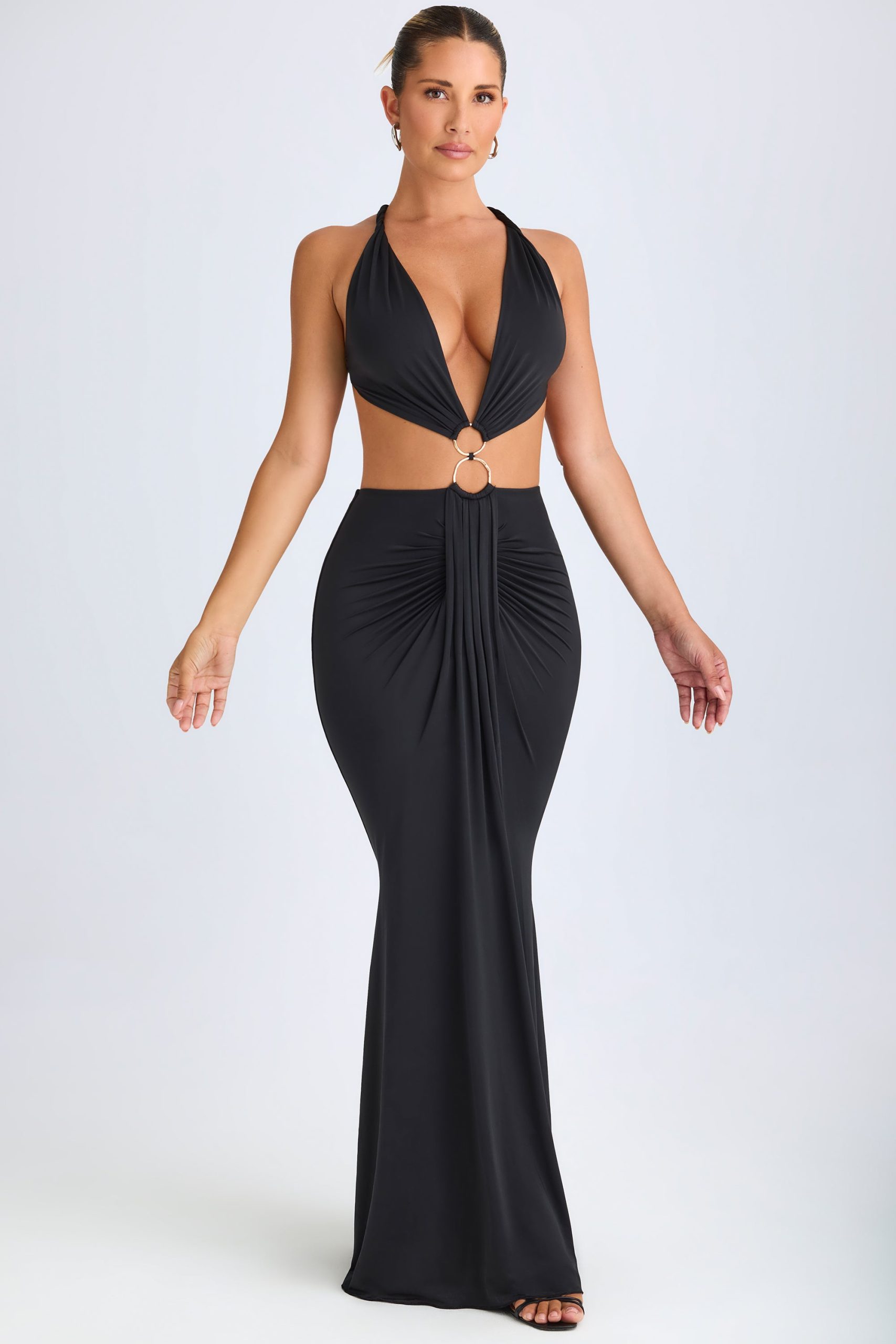 Hardware Detail Cut-Out Halterneck Maxi Dress in Black - Image 6