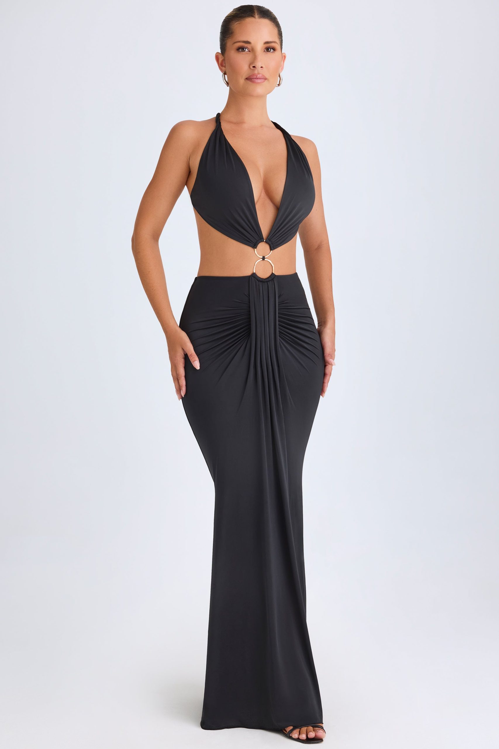 Hardware Detail Cut-Out Halterneck Maxi Dress in Black - Image 4