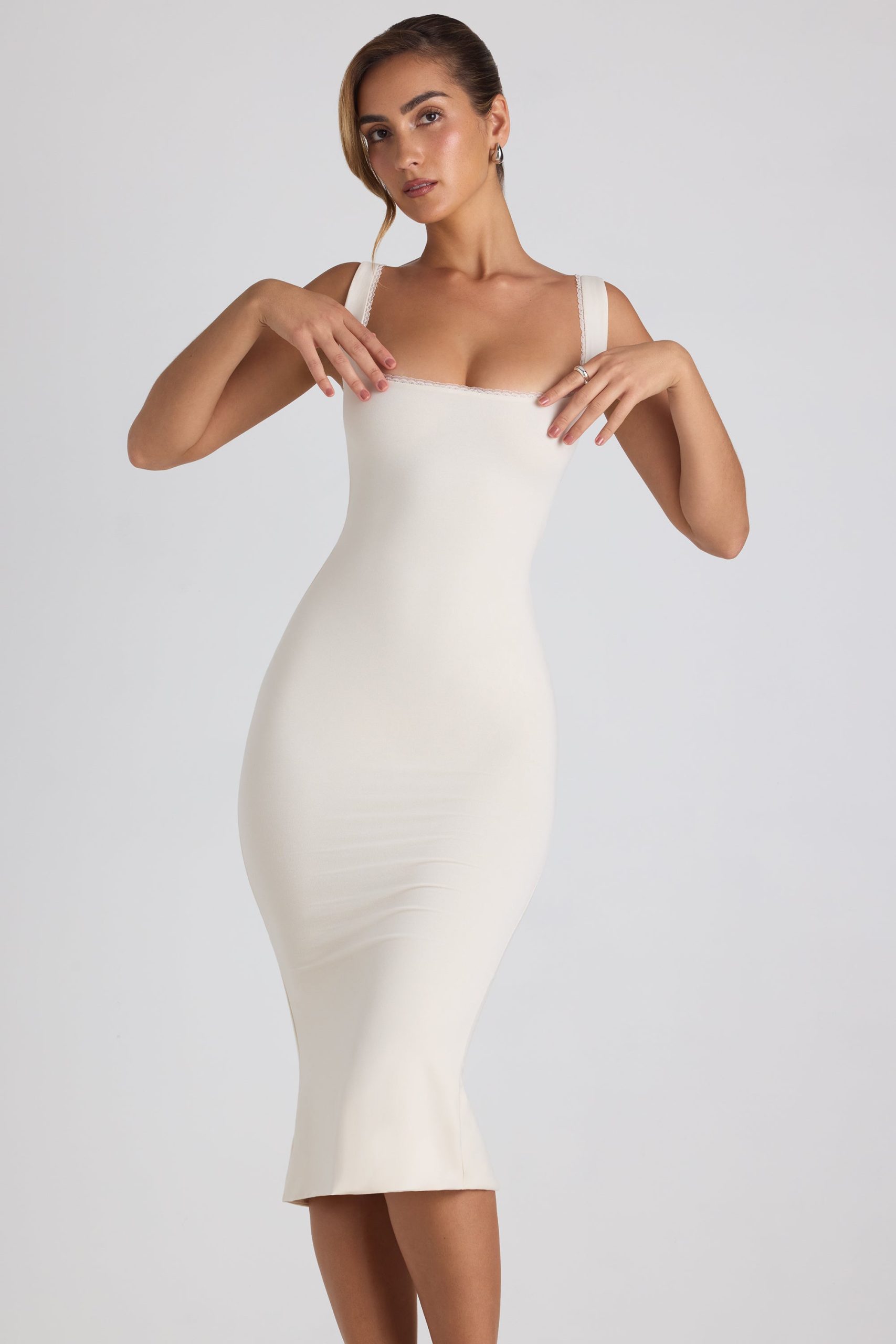 Modal Lace-Trim Midaxi Dress in Ivory - Image 6