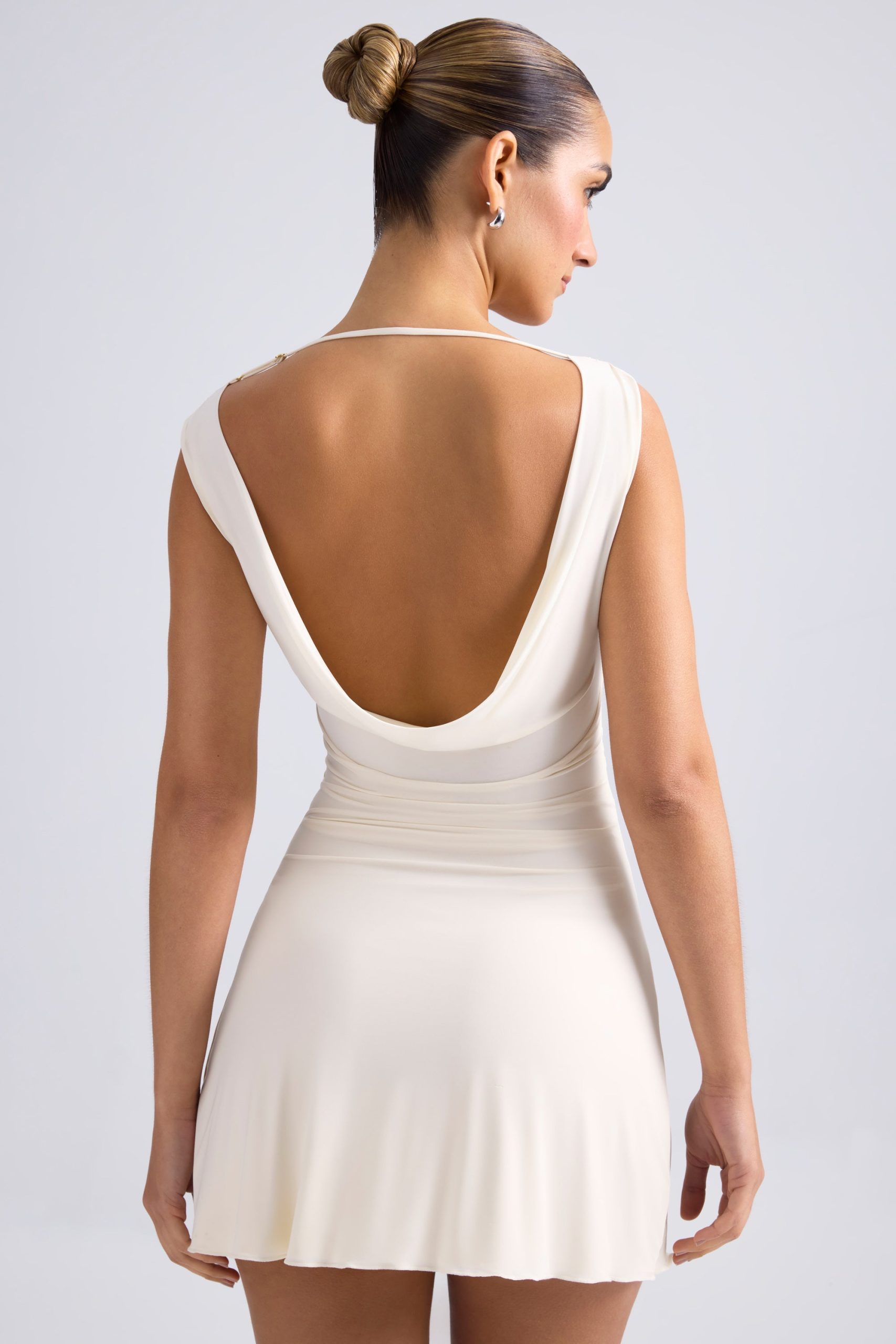 Off-Shoulder Cowl-Back A-Line Mini Dress in Ivory - Image 2