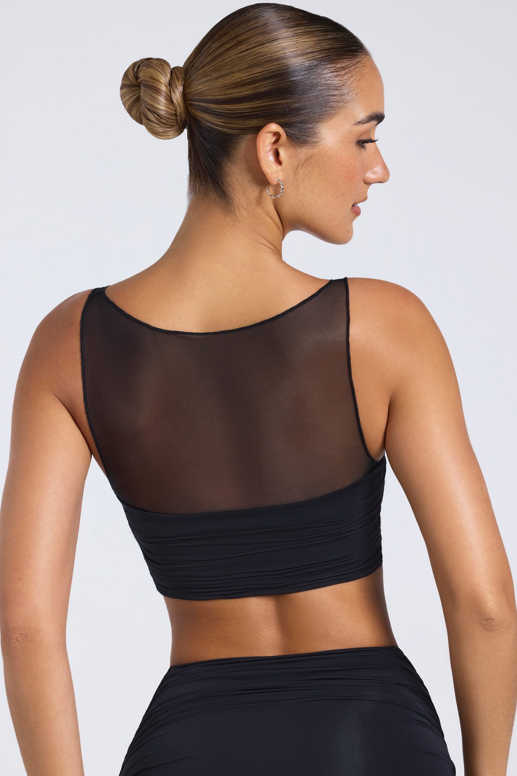 Sheer Panelled Ruched Crop Top in Black - Image 2