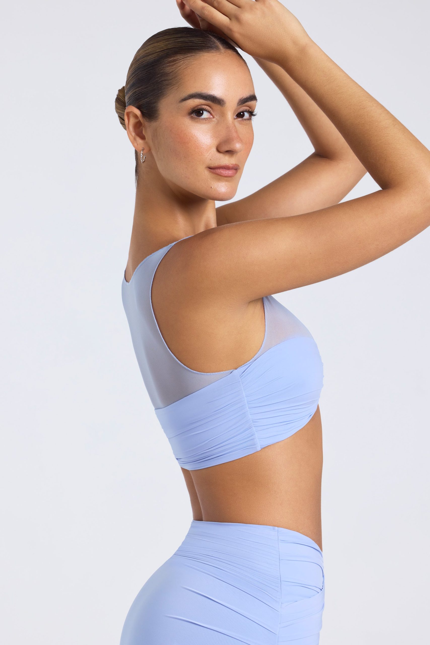 Sheer Panelled Ruched Crop Top in Periwinkle Blue - Image 3