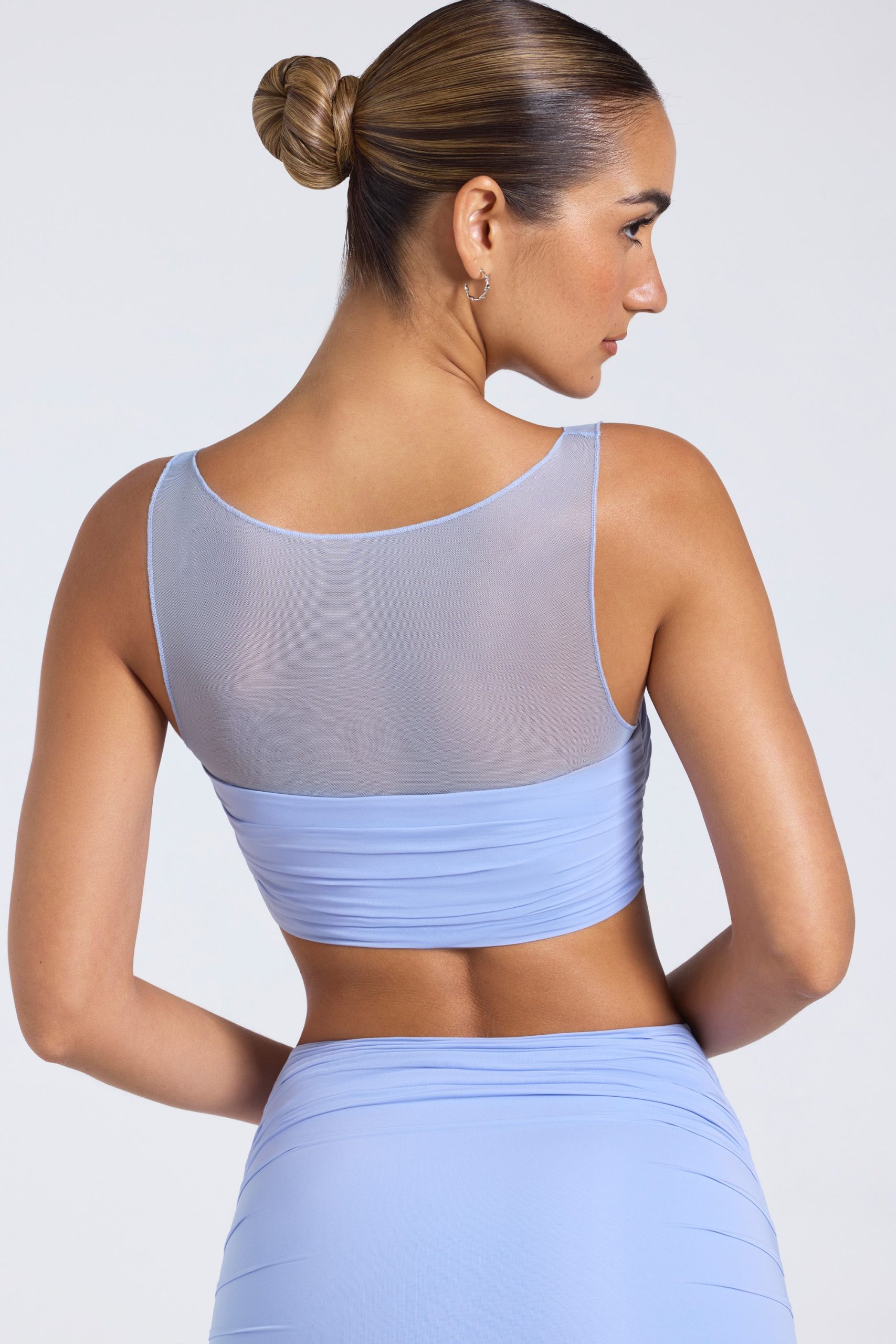 Sheer Panelled Ruched Crop Top in Periwinkle Blue - Image 2