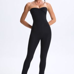 Modal Twist-Front Split Hem Flared Jumpsuit in Black