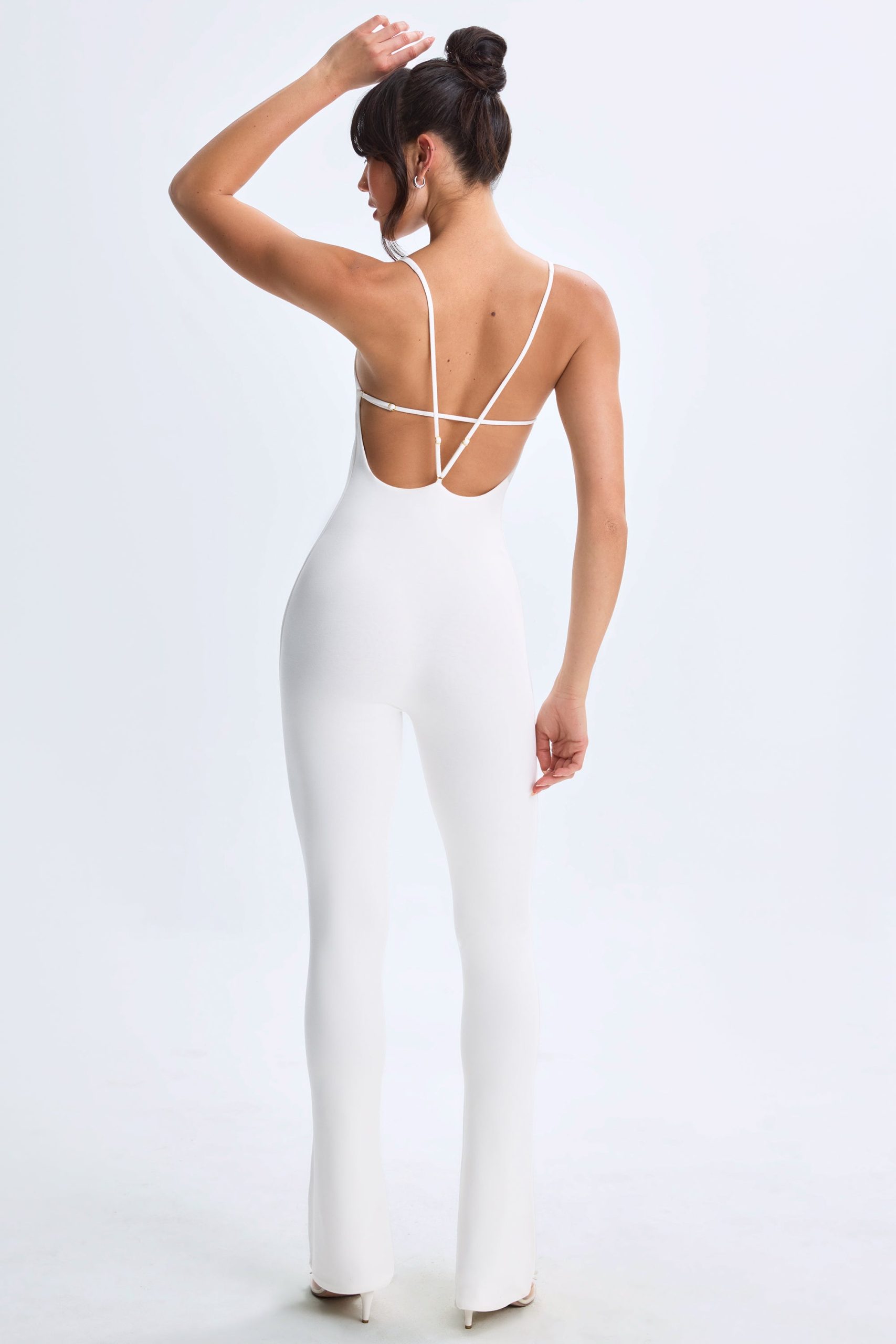 Modal Plunge Open-Back Flared Jumpsuit in White - Image 2