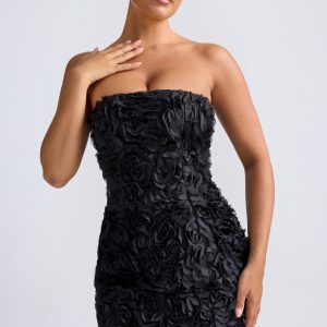 Floral-Appliqué Bandeau A-Line Mini Dress in Black