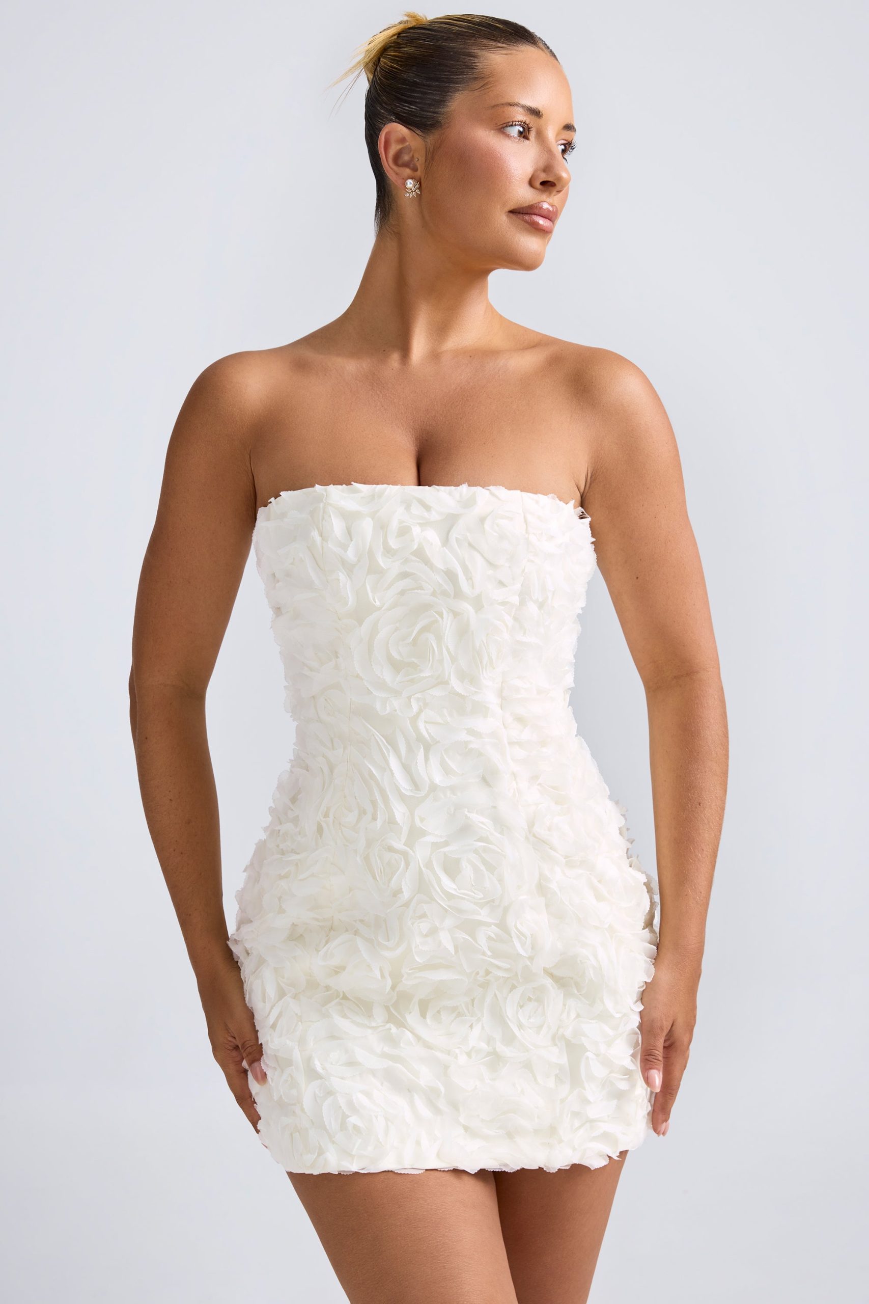 Floral-Appliqu?? Bandeau A-Line Mini Dress in White - Image 5