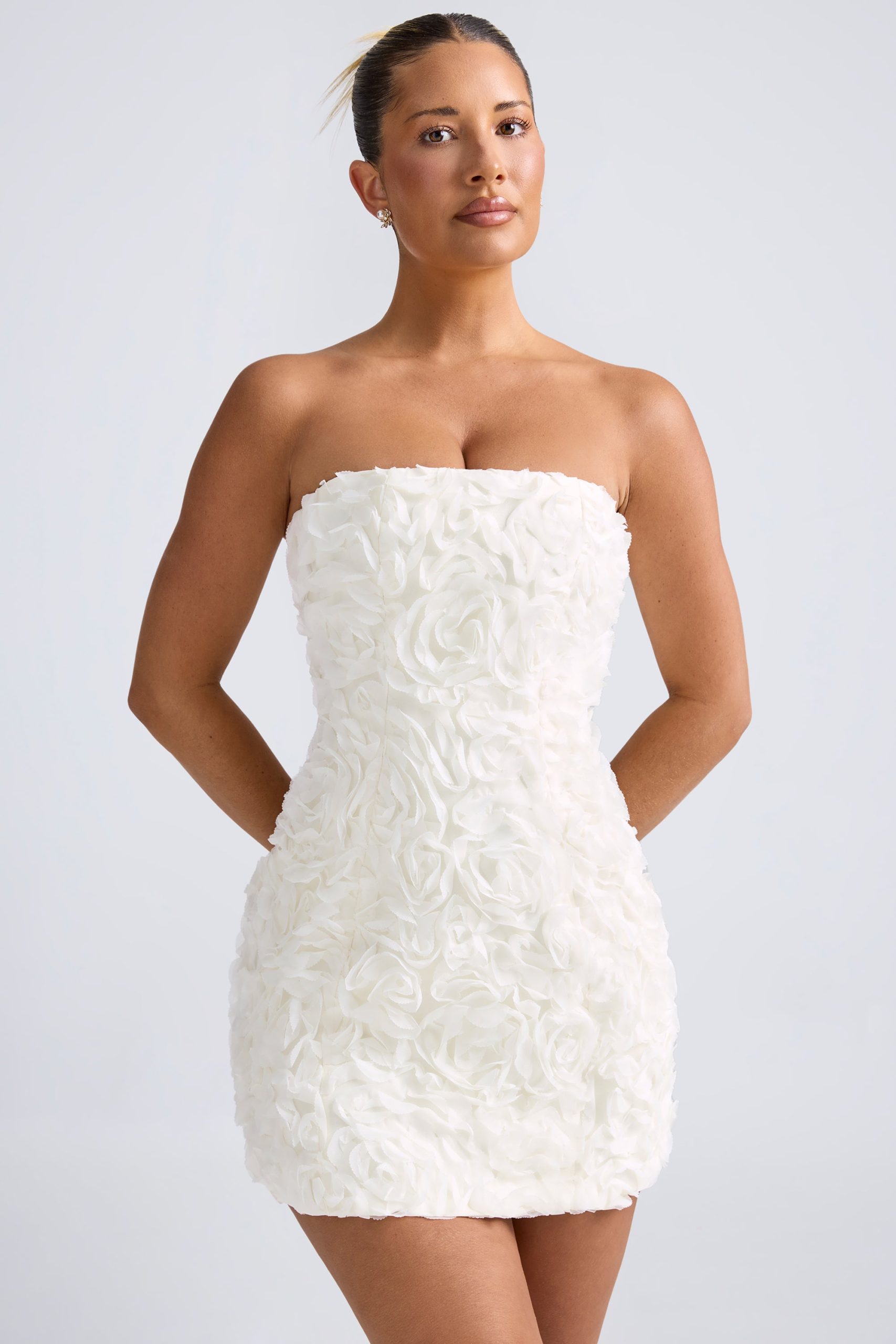 Floral-Appliqu?? Bandeau A-Line Mini Dress in White