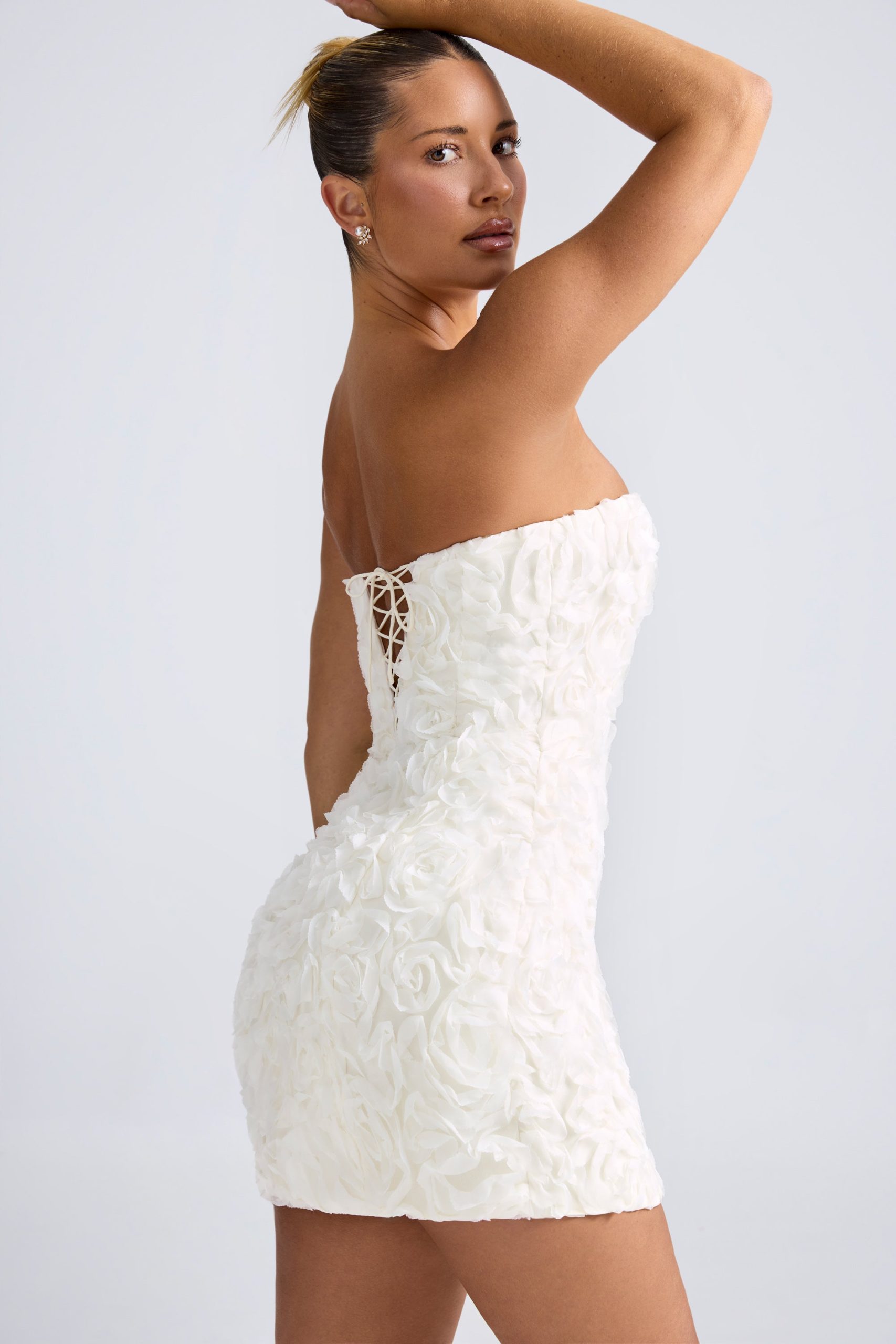 Floral-Appliqu?? Bandeau A-Line Mini Dress in White - Image 3