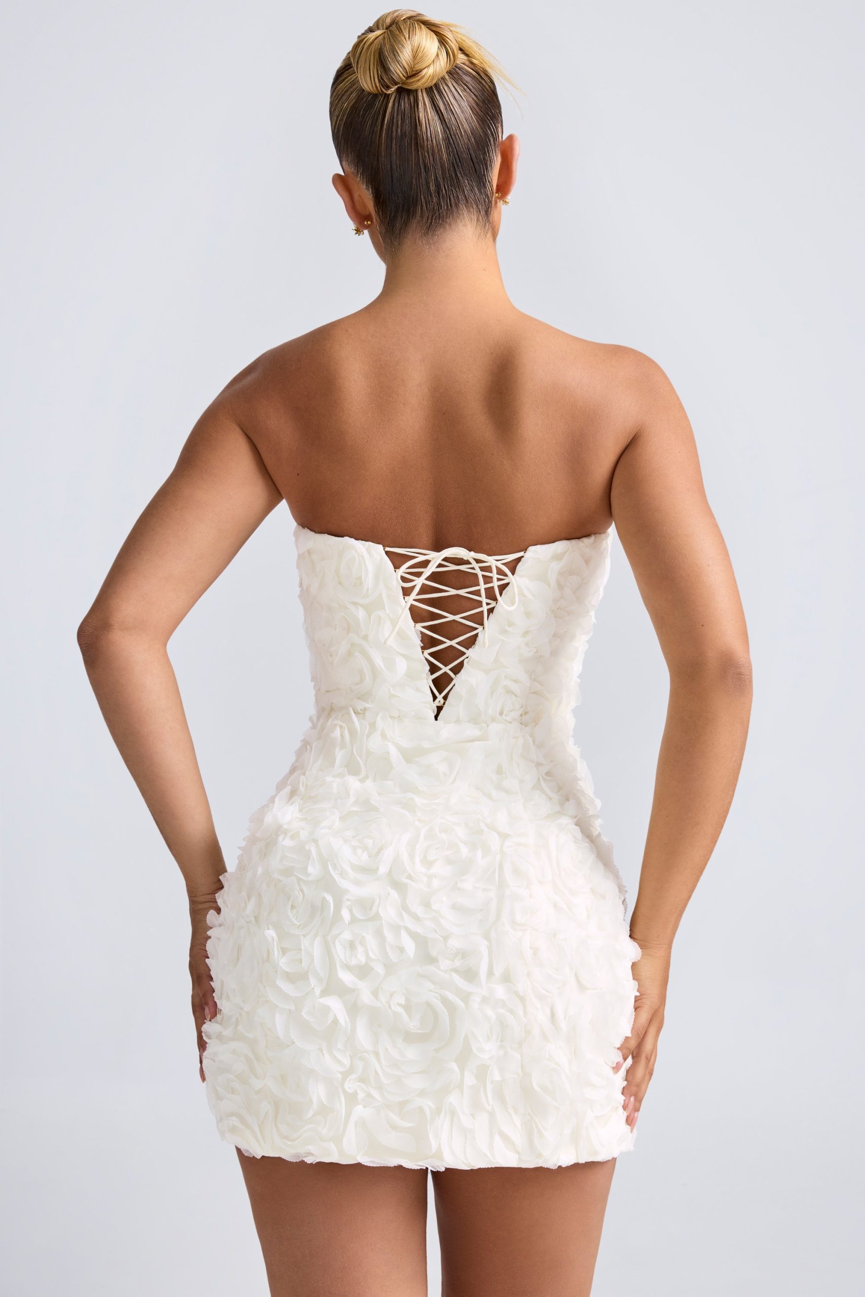 Floral-Appliqu?? Bandeau A-Line Mini Dress in White - Image 2