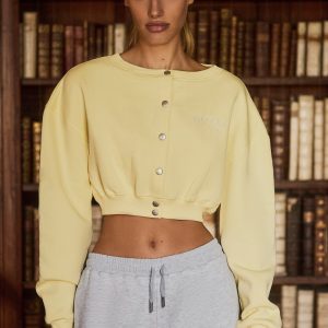 Brushed Jersey Button-Up Cropped Cardigan in Soft Yellow