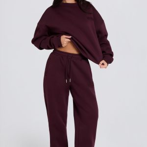 Brushed Cotton Jersey Mid-Rise Relaxed Joggers in Burgundy