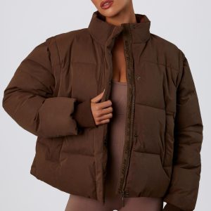 Cropped Puffer Jacket with Detachable Sleeves in Cocoa Brown