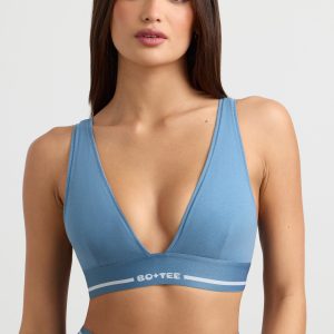 Stretch Cotton Jersey Plunge-Neck Crop Top in Steel Blue
