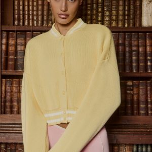 Button-Up Cropped Knit Cardigan in Soft Yellow