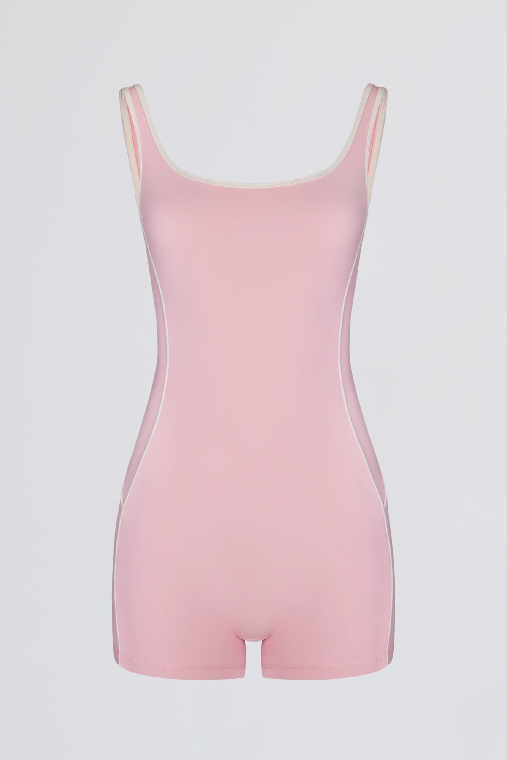 Soft Active Backless Contrast Unitard in Powder Pink - Image 4