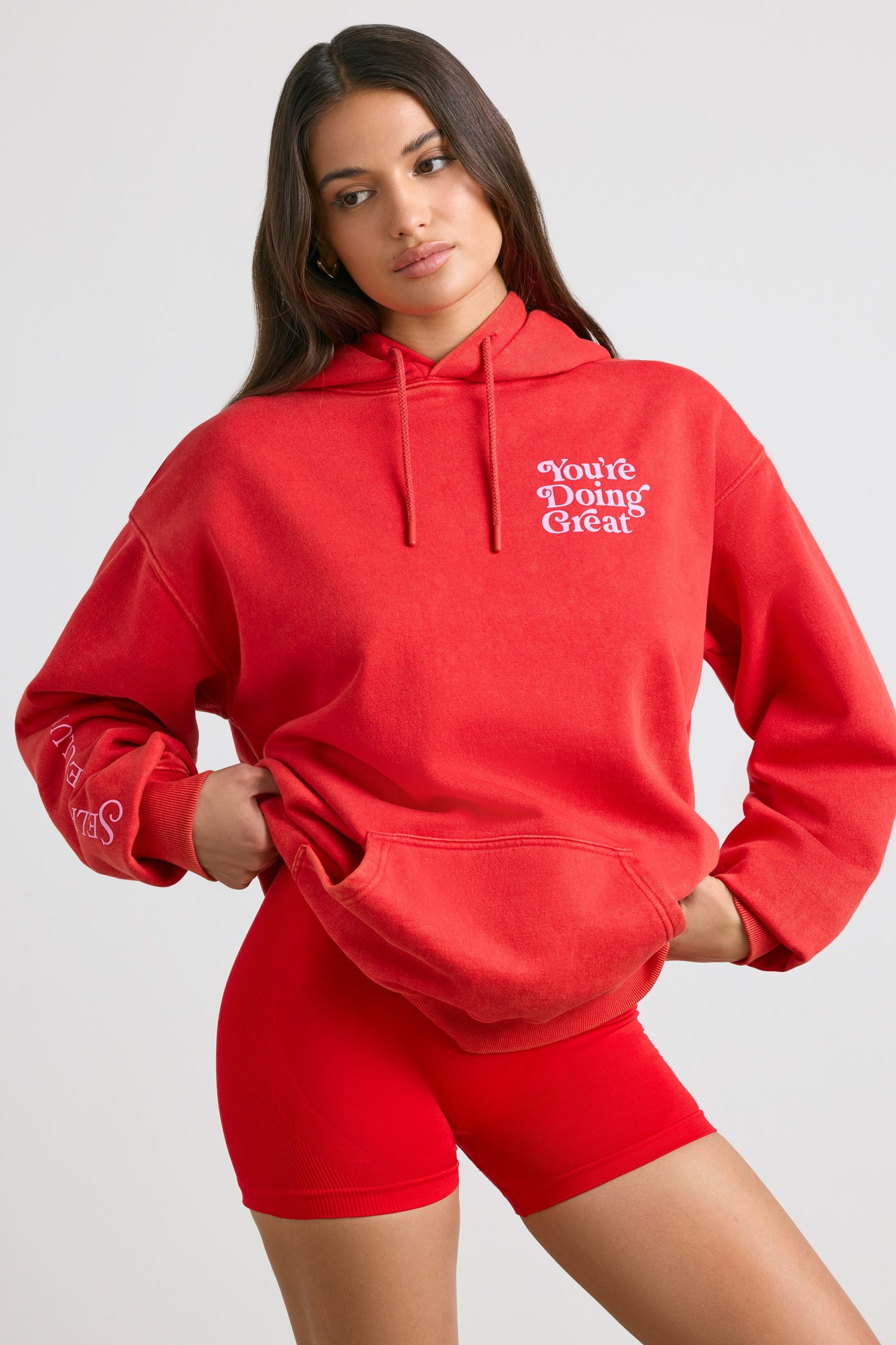 Soft Cotton Jersey Oversized Hoodie in Red - Image 2